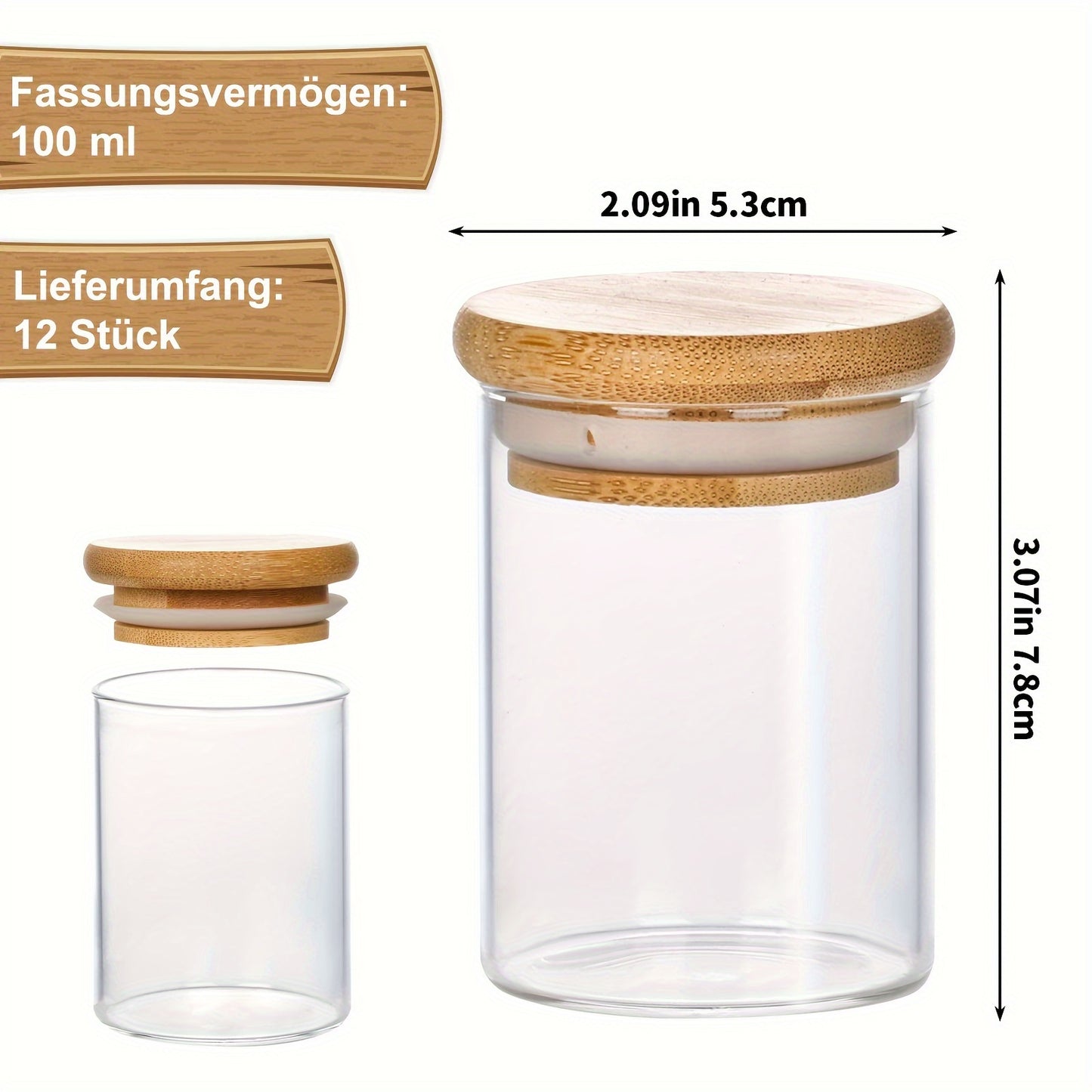 12pcs, Glass Jars With Airtight Lids, Candy Jars With Lids, Food Storage Containers With Bamboo Lids, Clear Jars, For Tea, Coffee, Spice, Candy, Kitchen Gadgets, Kitchen Accessories, Chrismas Party Supplies, 3.38oz