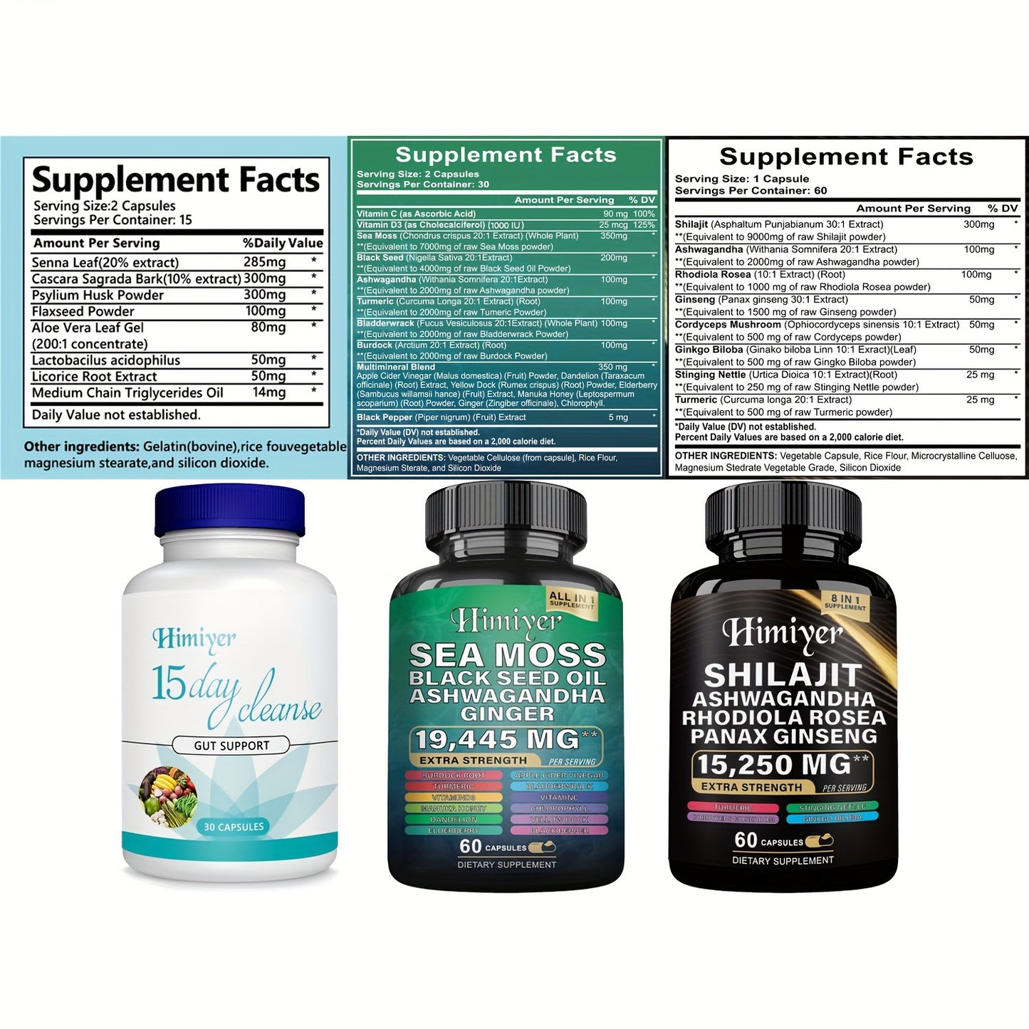 Shilajit Pure Himalaya 9000MG + Seaweed 7000mg, Black Seed Oil 4000mg, Ashwagandha 2000mg+15 Day Gut Cleanse - Gut And Colon Support, 15 Day Gut Cleanse Dissolved Capsules