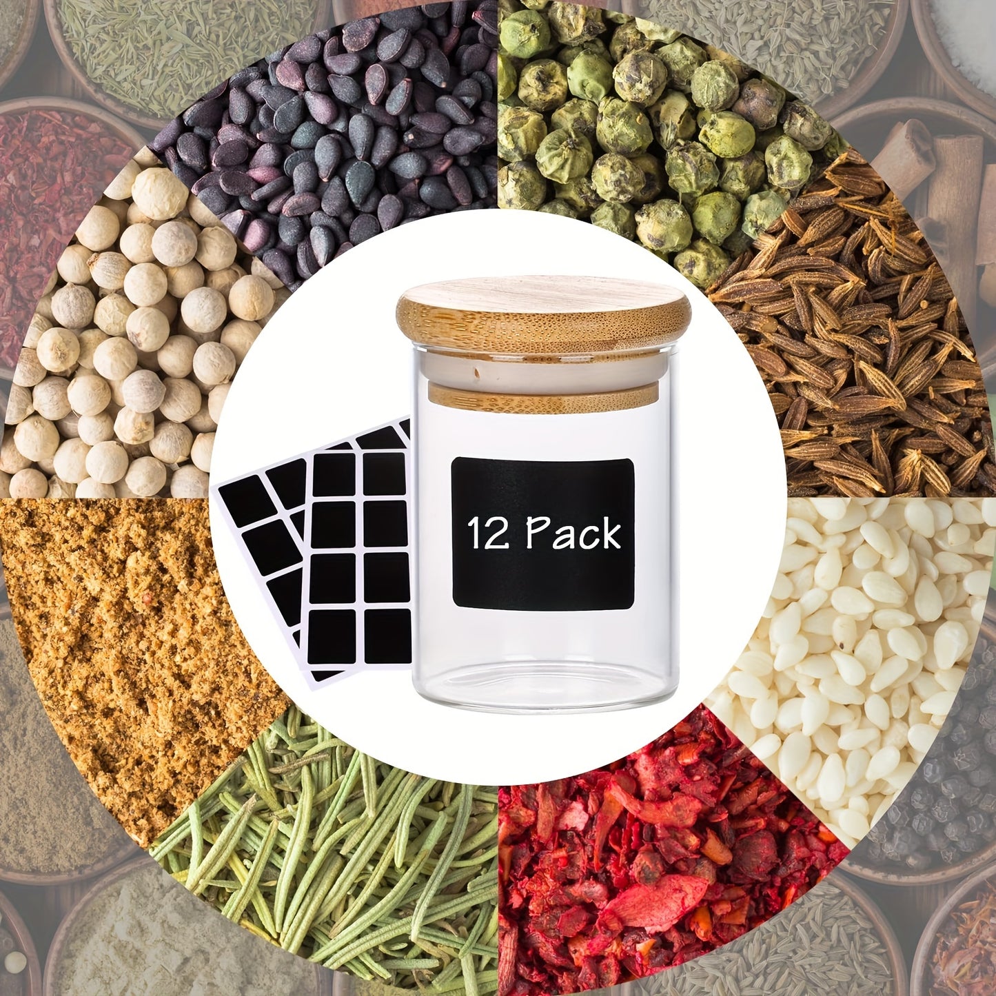 12pcs, Glass Jars With Airtight Lids, Candy Jars With Lids, Food Storage Containers With Bamboo Lids, Clear Jars, For Tea, Coffee, Spice, Candy, Kitchen Gadgets, Kitchen Accessories, Chrismas Party Supplies, 3.38oz