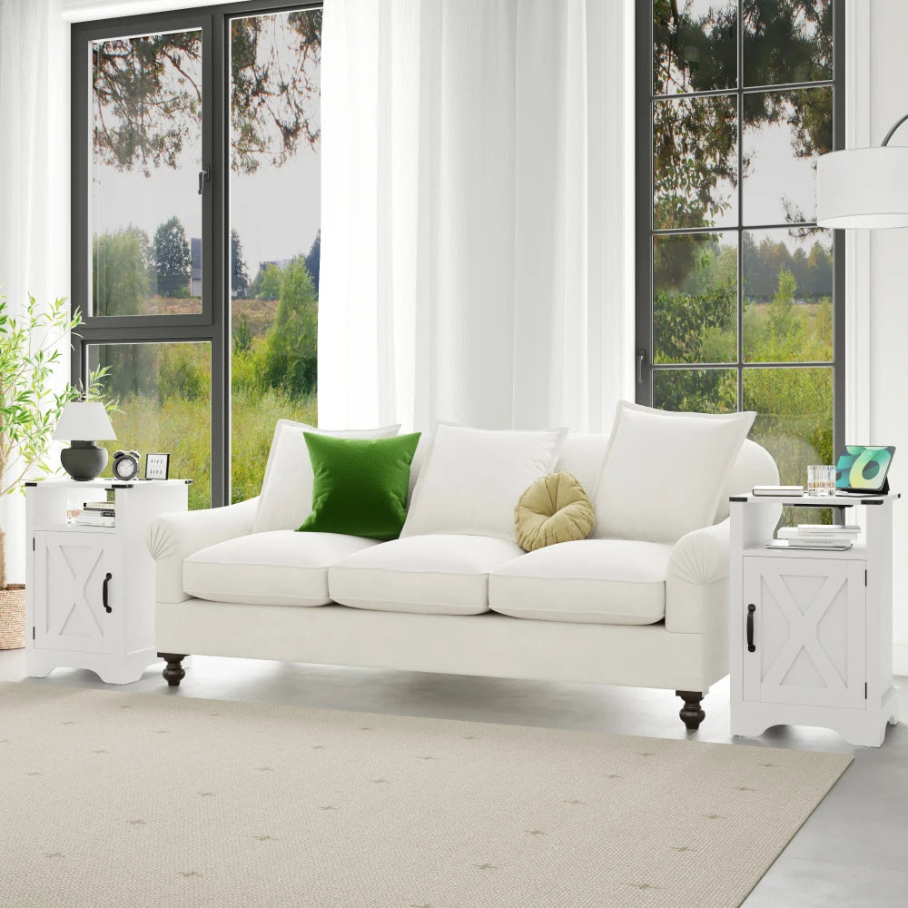 Farmhouse Nightstand Side Table, Wooden Rustic End Table, Tall Bedside Table with Electrical Outlets Charging Station