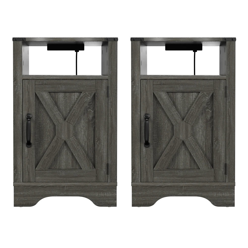 Farmhouse Nightstand Side Table, Wooden Rustic End Table, Tall Bedside Table with Electrical Outlets Charging Station