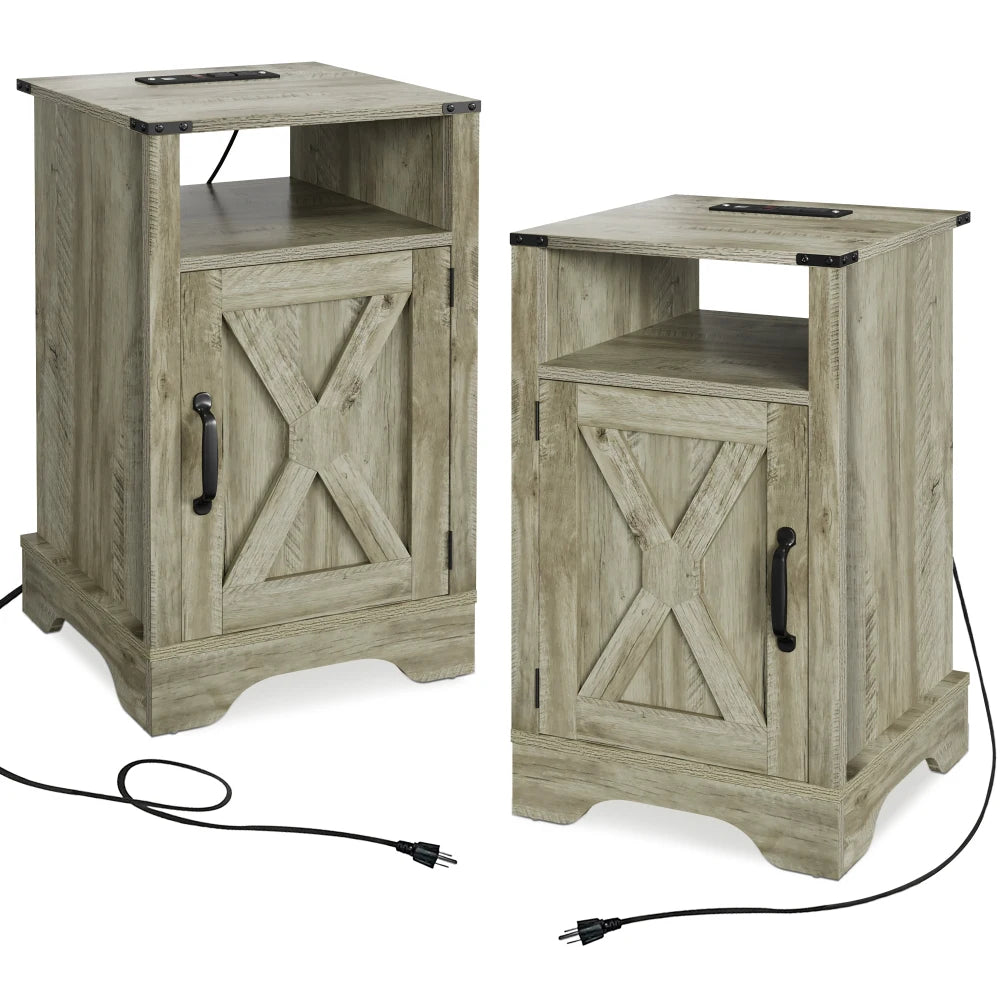 Farmhouse Nightstand Side Table, Wooden Rustic End Table, Tall Bedside Table with Electrical Outlets Charging Station