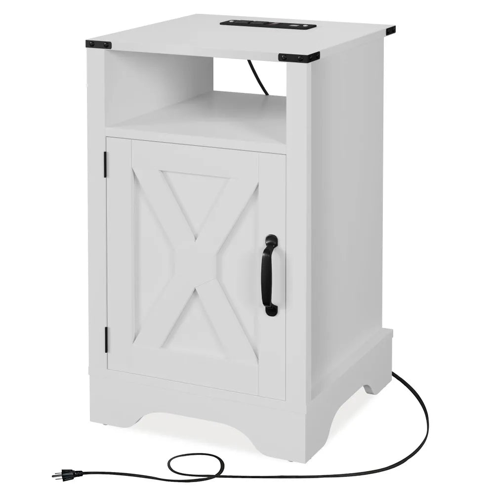 Farmhouse Nightstand Side Table, Wooden Rustic End Table, Tall Bedside Table with Electrical Outlets Charging Station