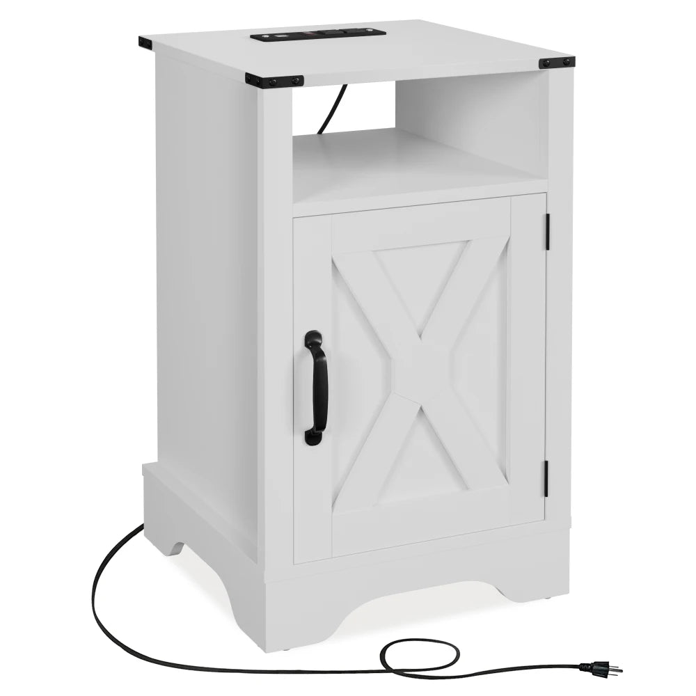 Farmhouse Nightstand Side Table, Wooden Rustic End Table, Tall Bedside Table with Electrical Outlets Charging Station