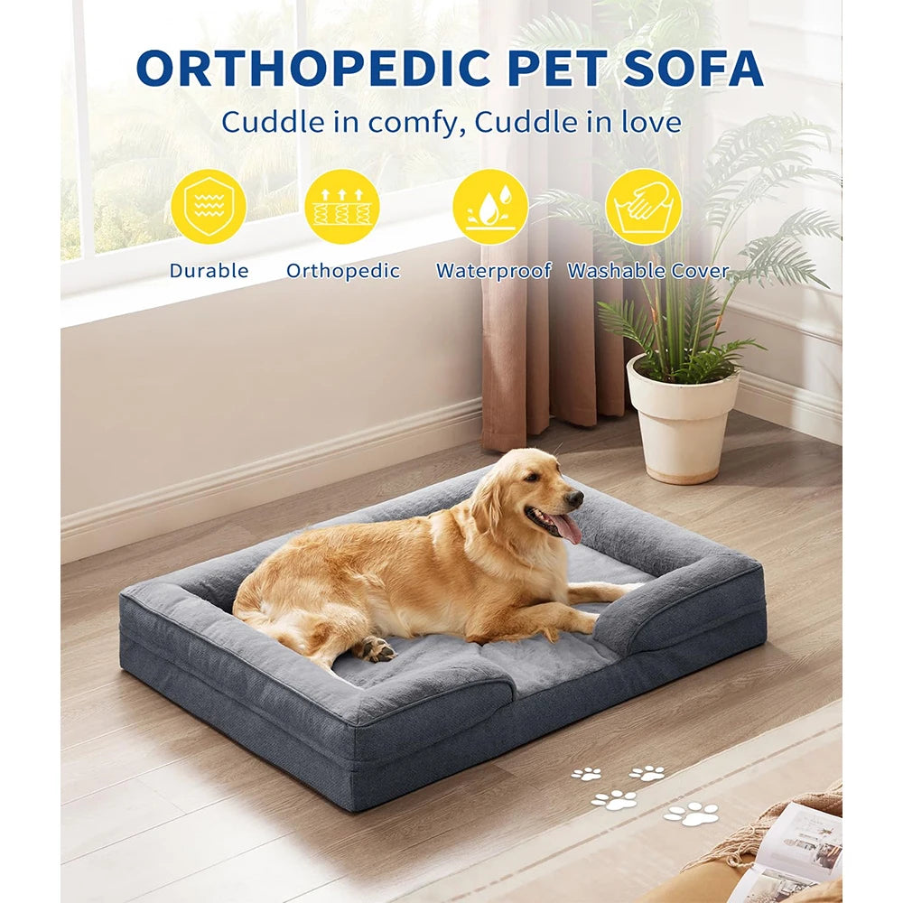 Extra Large Eco-Friendly Dog Bed Orthopedic Sofa Egg-Crate Foam Washable Waterproof Lining Bottom Removable Cover Cats