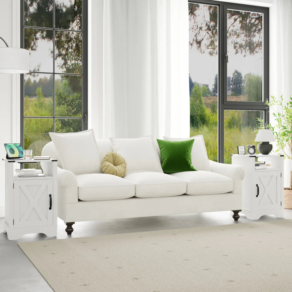 Farmhouse Nightstand Side Table, Wooden Rustic End Table, Tall Bedside Table with Electrical Outlets Charging Station