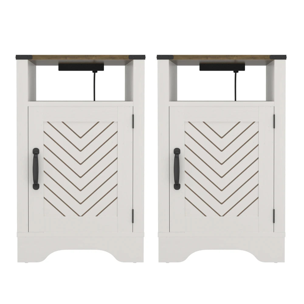 Farmhouse Nightstand Side Table, Wooden Rustic End Table, Tall Bedside Table with Electrical Outlets Charging Station