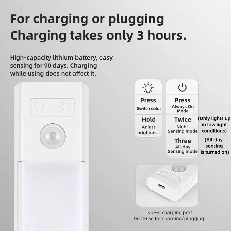 10-50cm LED Motion Sensor Light Night Wireless USB Battery Rechargeable Wall Under Cabinet For Bedroom Kitchen Lighting