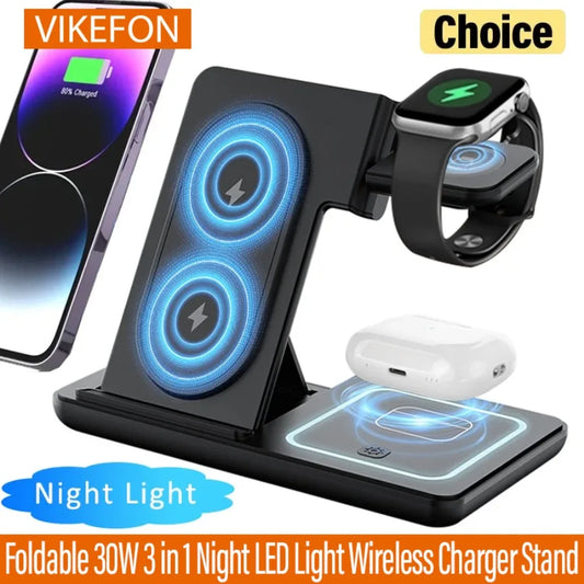 3 in 1 Foldable Night LED Light Wireless Charger Stand For iPhone Samsung Apple Watch 2-8 SE Airpods Pro Fast Charging Station