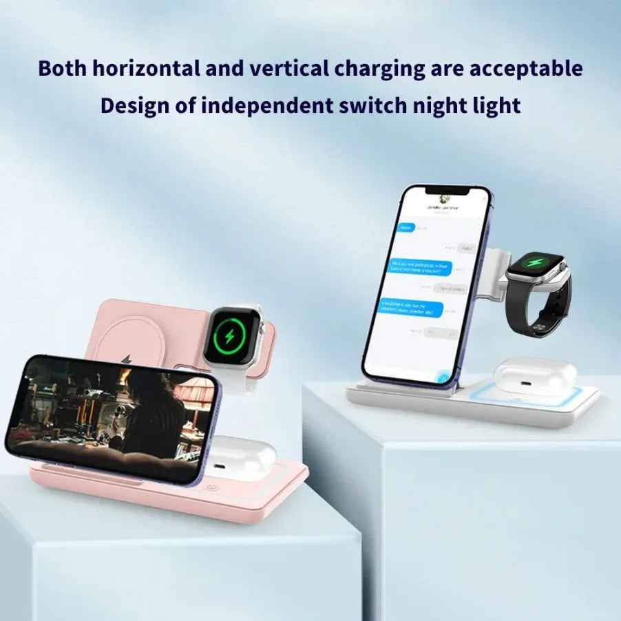 3 in 1 Foldable Night LED Light Wireless Charger Stand For iPhone Samsung Apple Watch 2-8 SE Airpods Pro Fast Charging Station