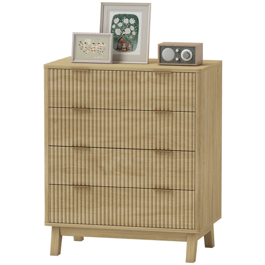 4 Drawer Double Dresser for Bedroom, Fluted Chest of Drawers with Gold Finger Pulls and 4 Wood Legs, Natural Wood
