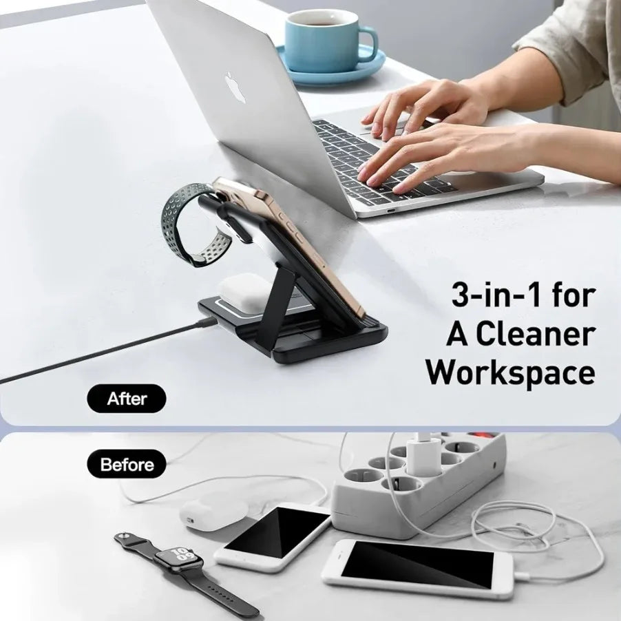 3 in 1 Foldable Night LED Light Wireless Charger Stand For iPhone Samsung Apple Watch 2-8 SE Airpods Pro Fast Charging Station