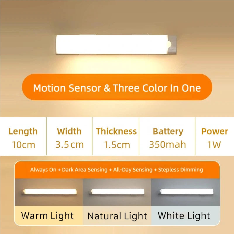 10-50cm LED Motion Sensor Light Night Wireless USB Battery Rechargeable Wall Under Cabinet For Bedroom Kitchen Lighting