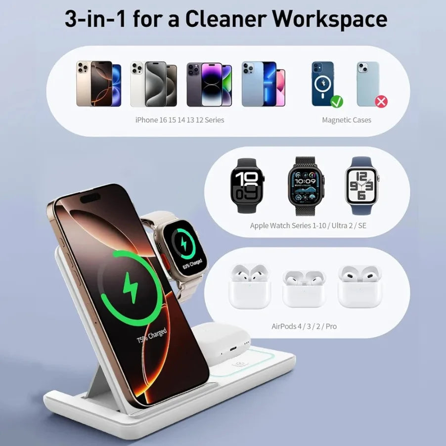 3 in 1 Foldable Night LED Light Wireless Charger Stand For iPhone Samsung Apple Watch 2-8 SE Airpods Pro Fast Charging Station