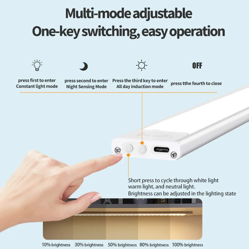 LED Under Cabinet Lights 10-50CM Motion Sensor Lamp USB Rechargeable Wireless