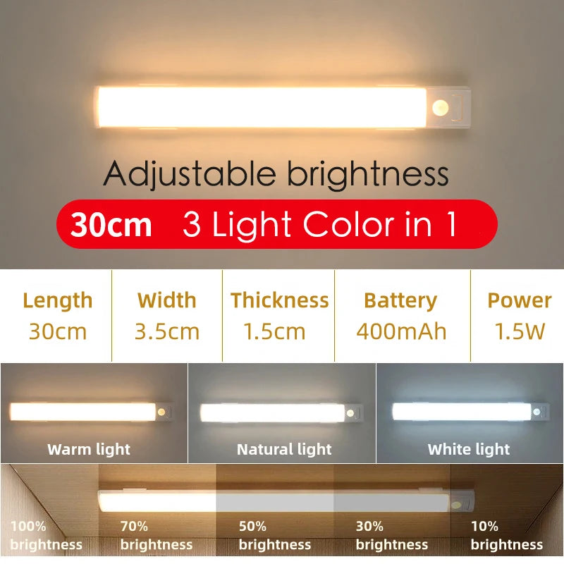 10-50cm LED Motion Sensor Light Night Wireless USB Battery Rechargeable Wall Under Cabinet For Bedroom Kitchen Lighting