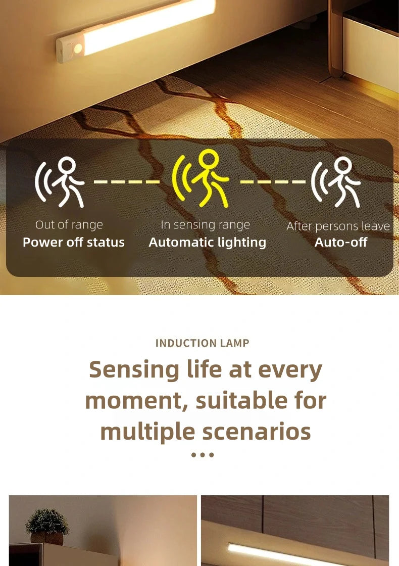 10-50cm LED Motion Sensor Light Night Wireless USB Battery Rechargeable Wall Under Cabinet For Bedroom Kitchen Lighting